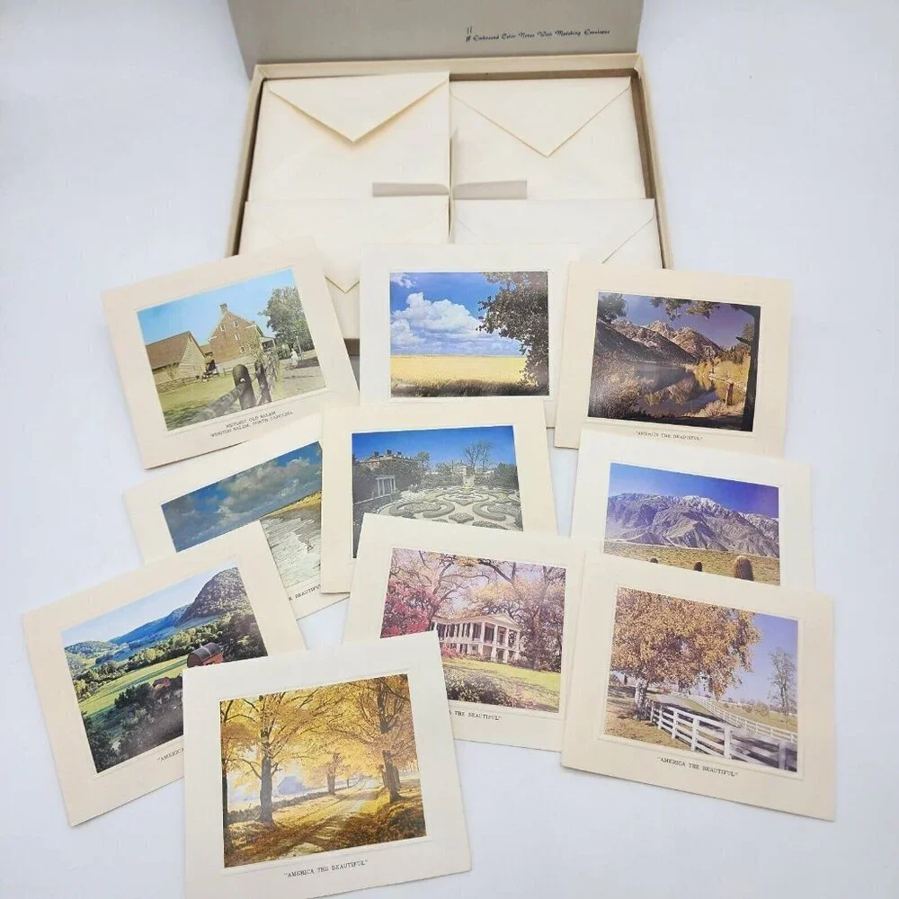 Vintage America The Beautiful 10 Embossed Color Photo Blank Note Cards Envelopes